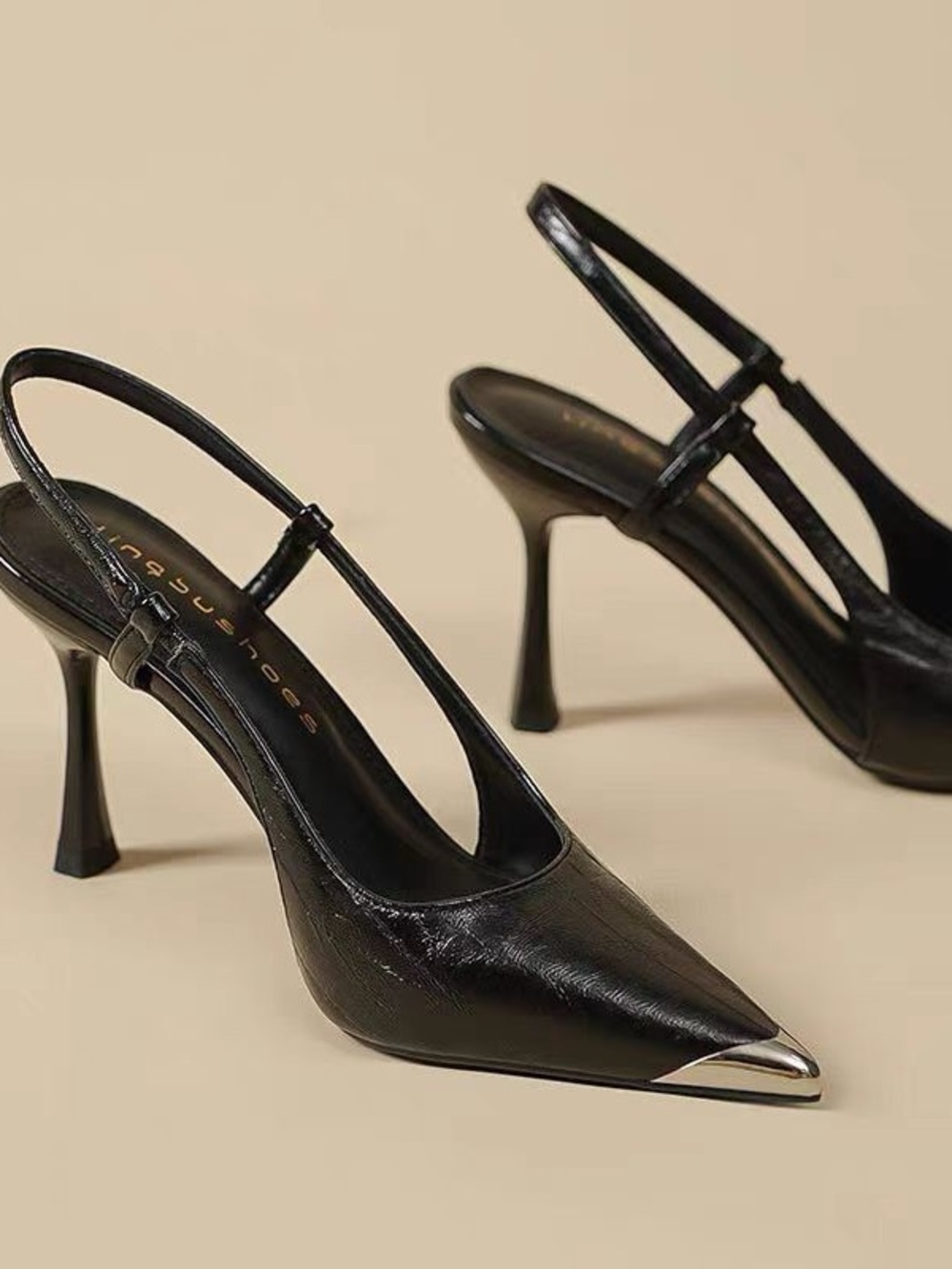 Black Pointed Slingback Heels with Silver Toe Accent